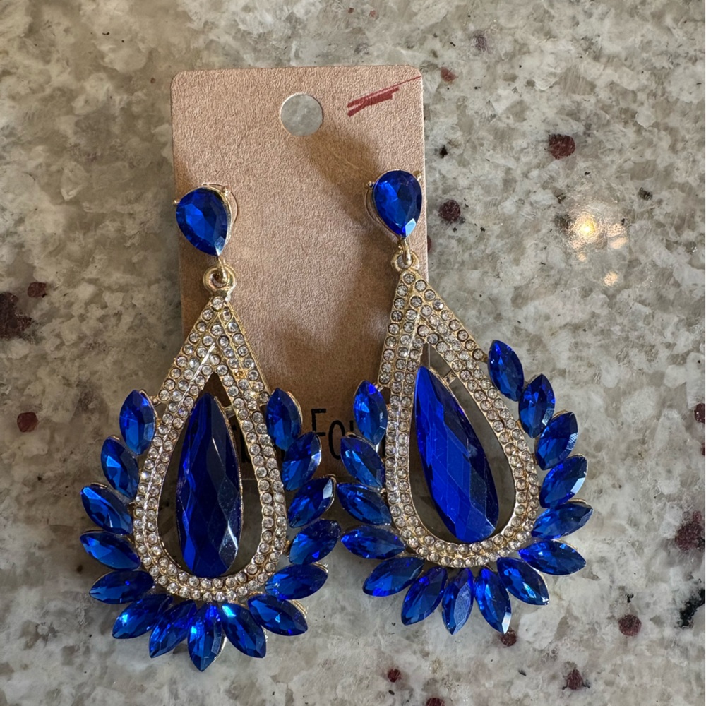 Elegant Royal Blue Teardrop Crystal Statement Earrings